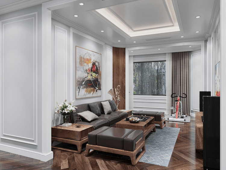 Thiết kế trần giật cấp và hệ thống đèn âm trần sang trọng, hiện đại