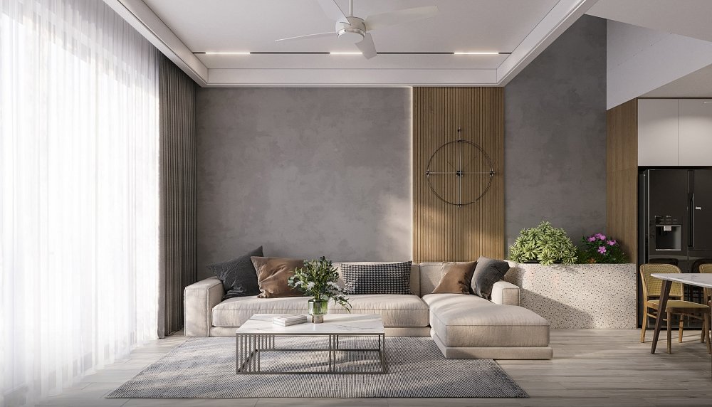 Mẫu trần hộp thạch cao hiện đại với quạt trần cho nhà chung cư