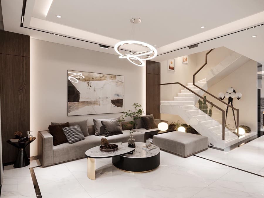 Mẫu trần thạch cao kết hợp với đèn thả độc đáo thịnh hành tại Đông Anh