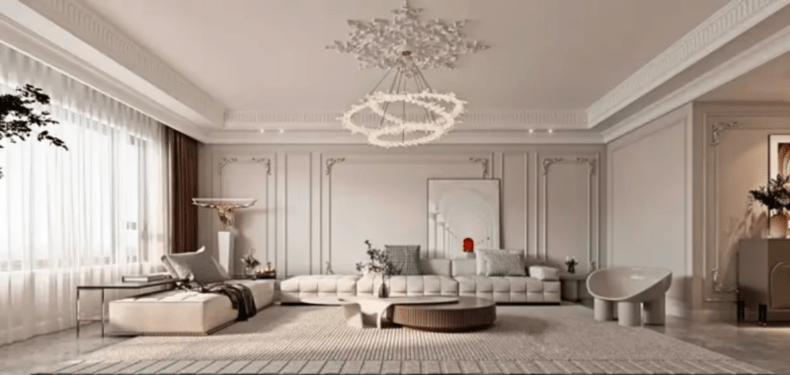 Mẫu trần thạch cao giật 2 cấp kết hợp đèn chùm cho biệt thự