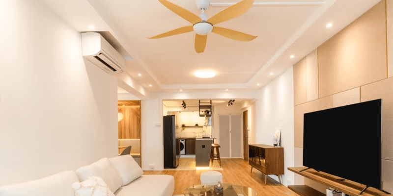 Mẫu trần thạch cao giật cấp kín hình chữ nhật kết hợp quạt trần