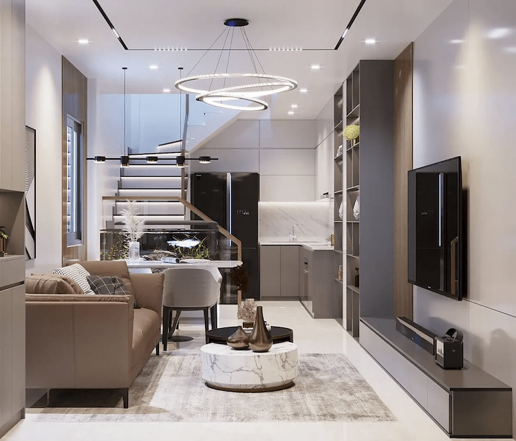 Mẫu trần thạch cao thiết kế ấn tượng với đèn chùm bắt mắt