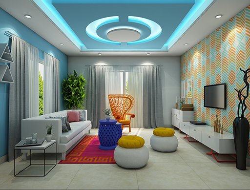 Trần thạch cao chìm màu xanh làm tăng thêm vẻ đẹp cho phòng khách (Nguồn: Sưu tầm)