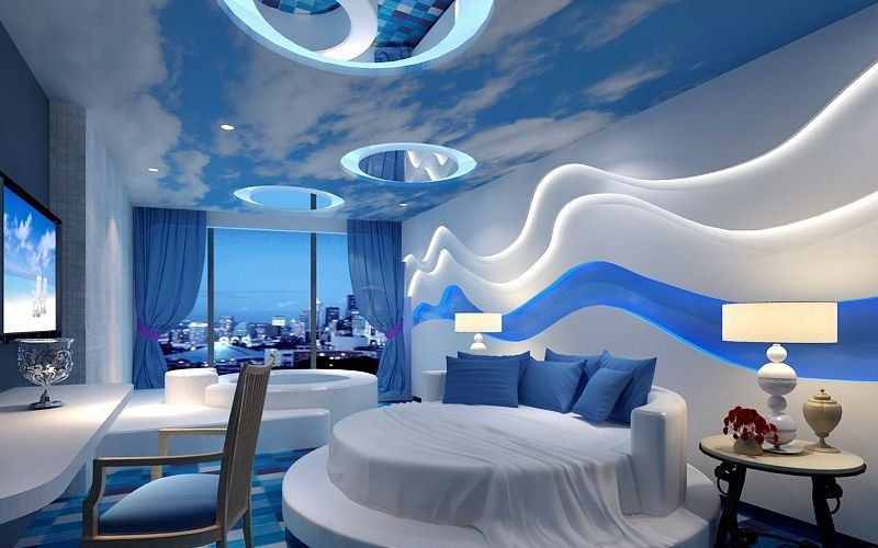 Lắp đặt trần thạch cao màu xanh da trời trong phòng ngủ đẹp (Nguồn: Sưu tầm)