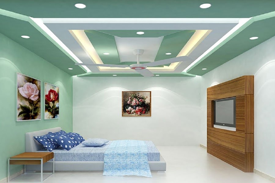 Mẫu trần thạch cao phòng ngủ vợ chồng màu xanh ngọc (Nguồn: Sưu tầm)