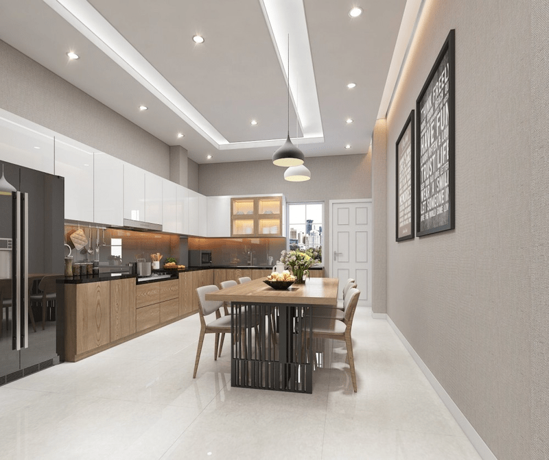 Mẫu trần thạch cao hình chữ nhật đẹp cho phòng bếp nhà ống