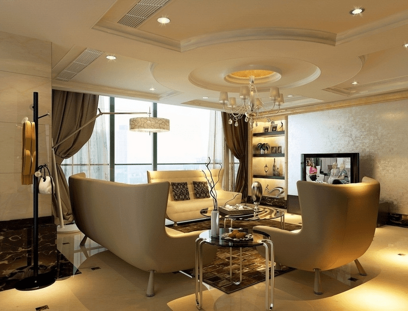 Mẫu trần thạch cao phòng khách hình tròn đẹp, hơi hướng tân cổ điển