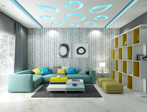 Trần thạch cao màu xanh dương trong phòng khách tạo cảm giác thoải mái (Nguồn: Sưu tầm)