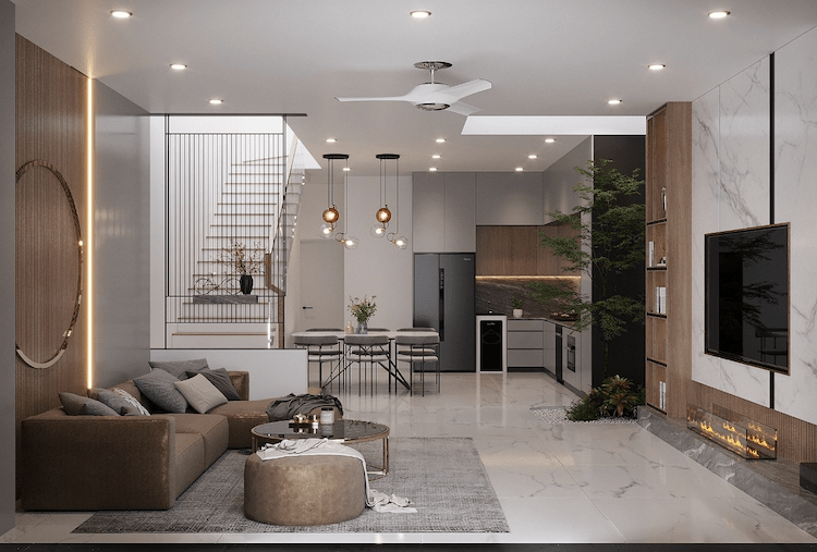 Thiết kế trần thạch cao phẳng kết hợp với quạt trần dành cho phòng khách