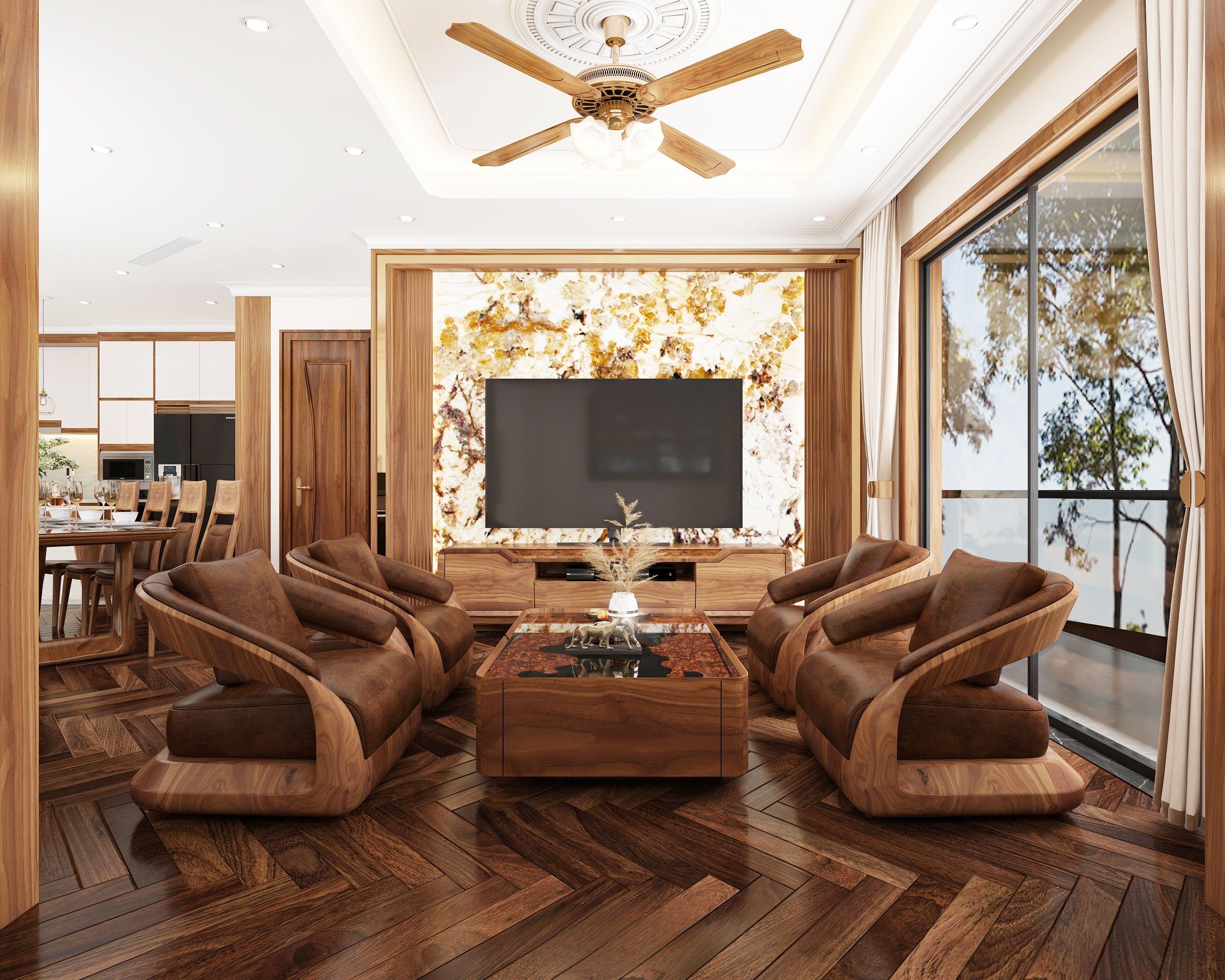 Trang trí phong khách với nội thất gỗ óc chó đang rất được ưa chuộng hiện nay