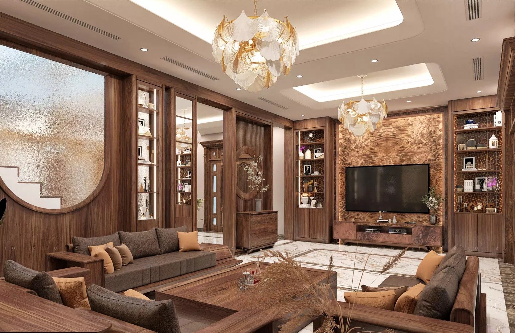 Không gian phòng khách sang trọng, ấm cúng với nội thất gỗ và đèn chùm độc đáo