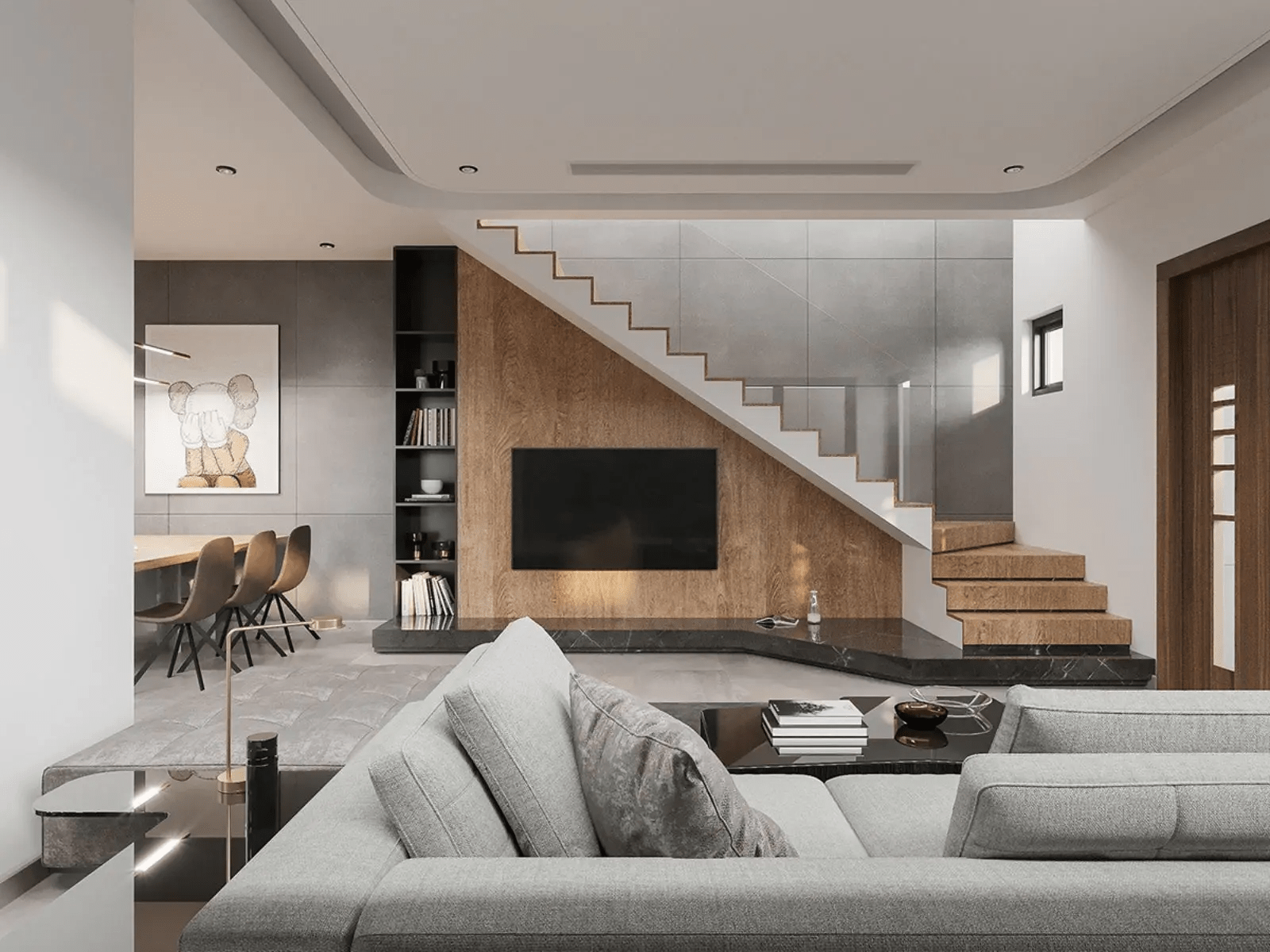 Trang trí phòng khách nhà ống 5m có cầu thang đẹp, hiện đại
