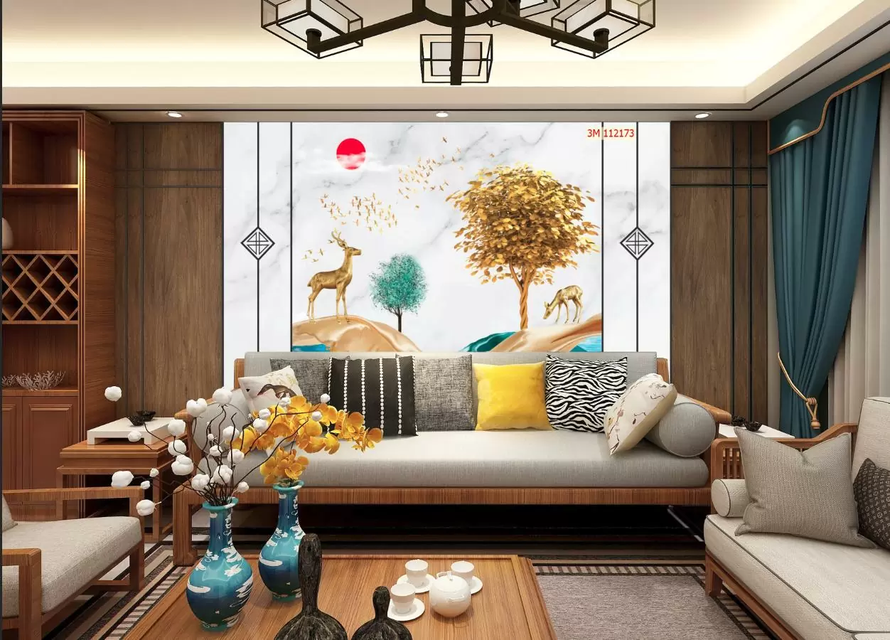 Mẫu trang trí tường phòng khách đẹp với tranh dán tường