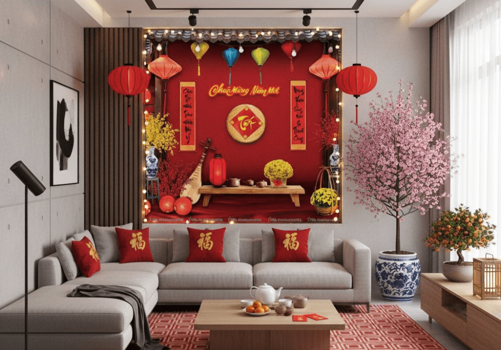 Mẫu trang trí phòng khách đón tết cùng câu đối đỏ