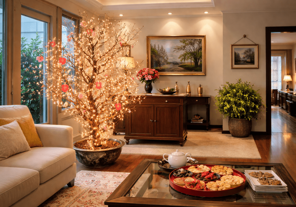 Trang trí Tết phòng khách với đèn nhấp nháy