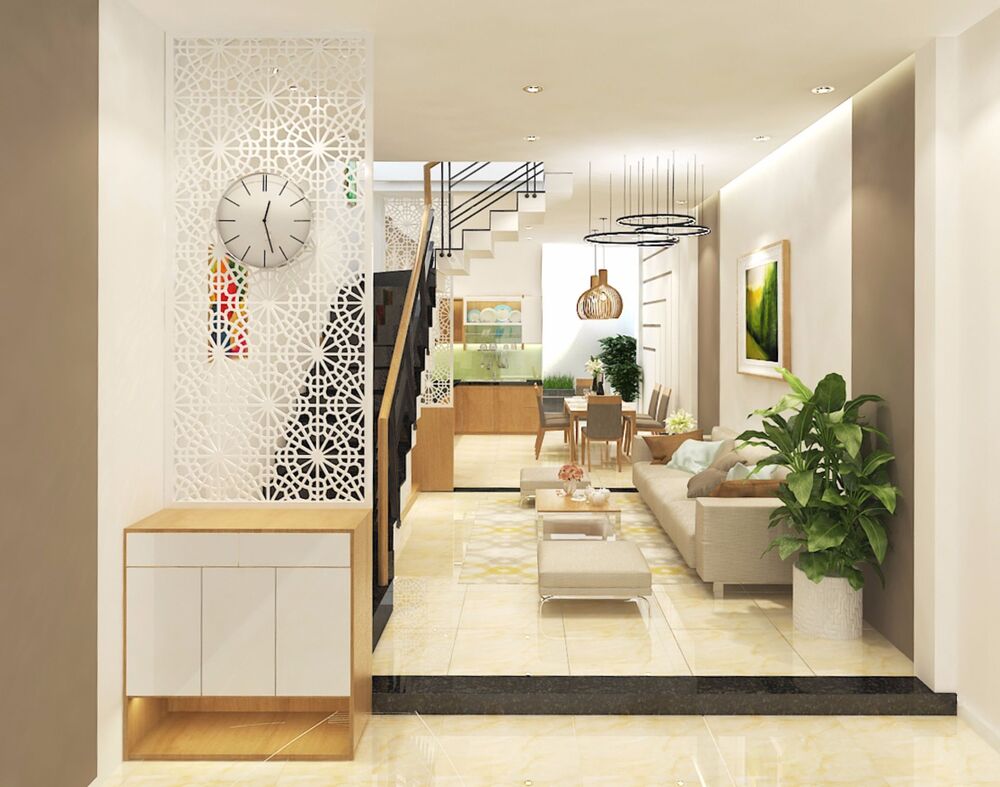 Thiết kế phòng khách với gam màu vàng nhạt nhẹ nhàng, tinh tế