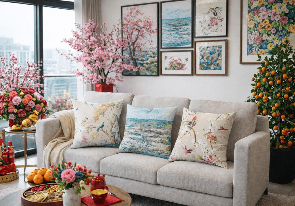 Trang trí tết phòng khách bằng hoa đào