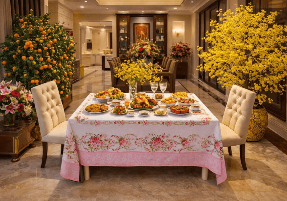 Trang trí phòng khách đón tết bằng hoa mai