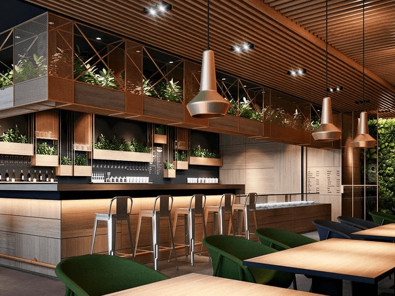 Trang trí trần quán cafe bằng gỗ sang trọng, ấn tượng