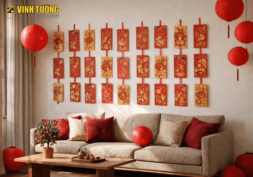 trang trí tường nhà bằng bao lì xì 