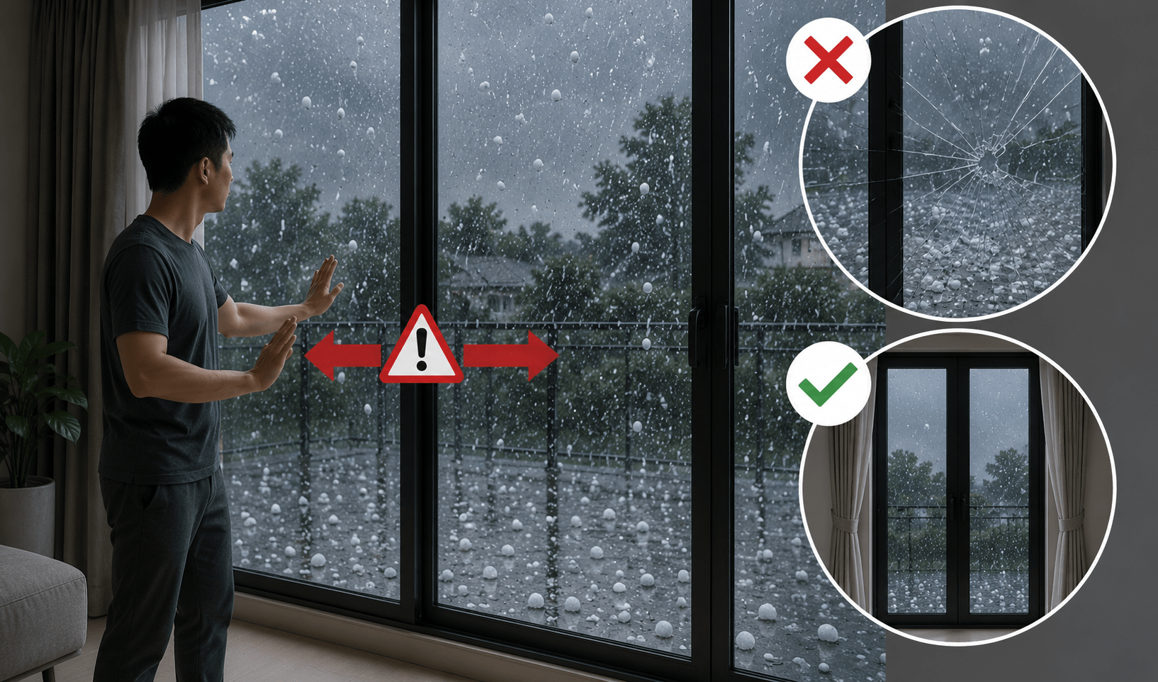 Tránh đứng gần cửa kính để hạn chế nguy cơ bị thương khi kính bị va đập hoặc vỡ