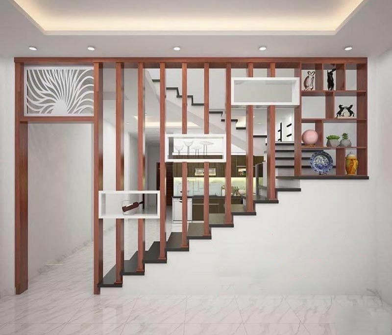 vách ngăn cầu thang tam cấp có ô trống trang trí