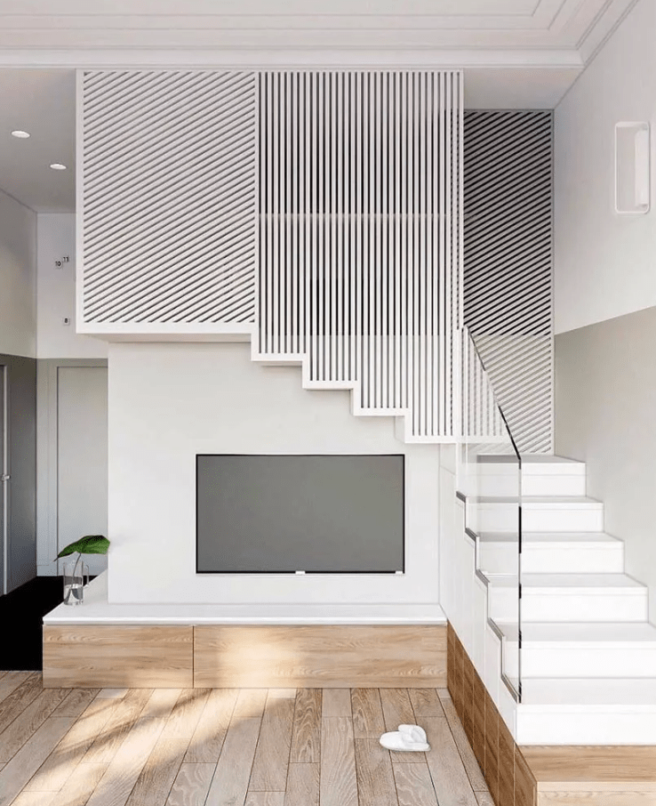 vách ngăn cầu thang tam cấp tối giản