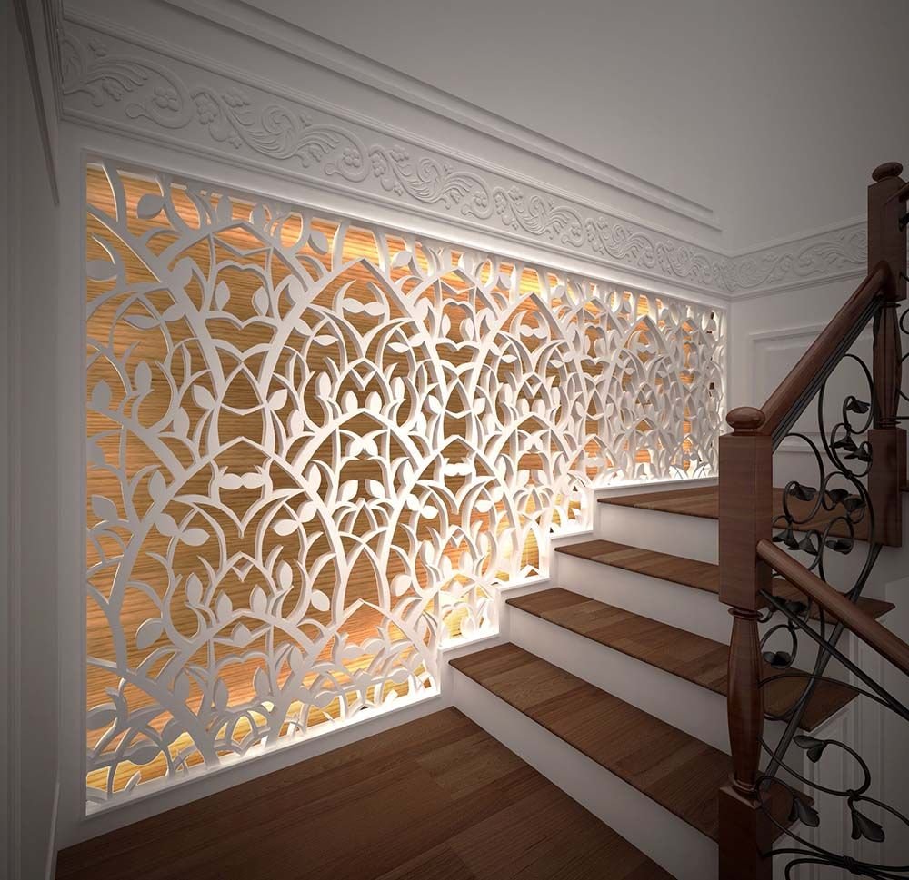 vách ngăn cầu thang tam cấp chạm khắc hoa văn