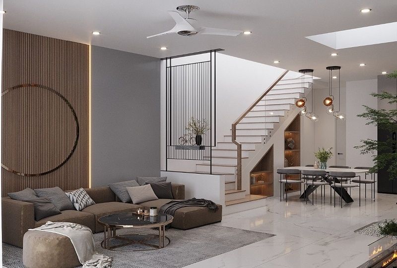 vách ngăn cầu thang tam cấp sang trọng