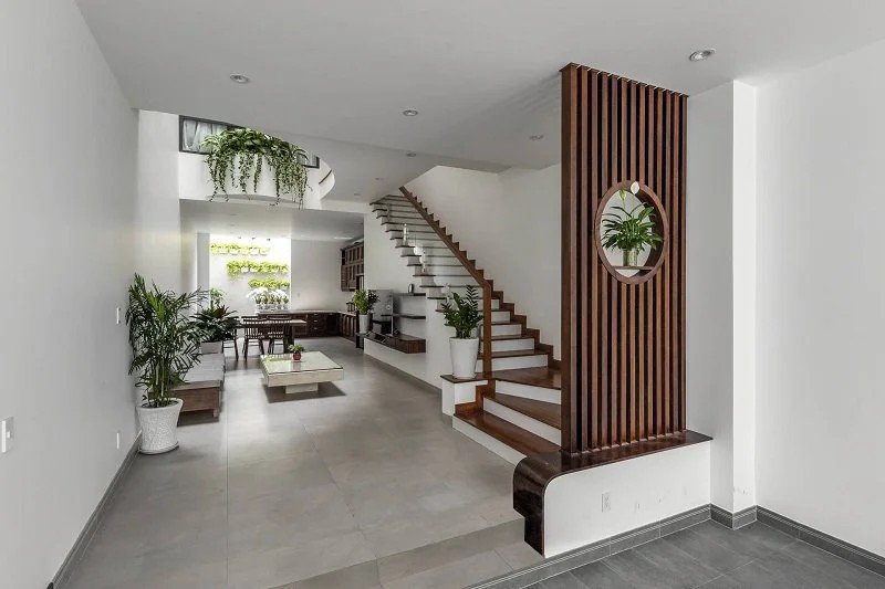 vách ngăn gỗ óc chó kết hợp cây xanh