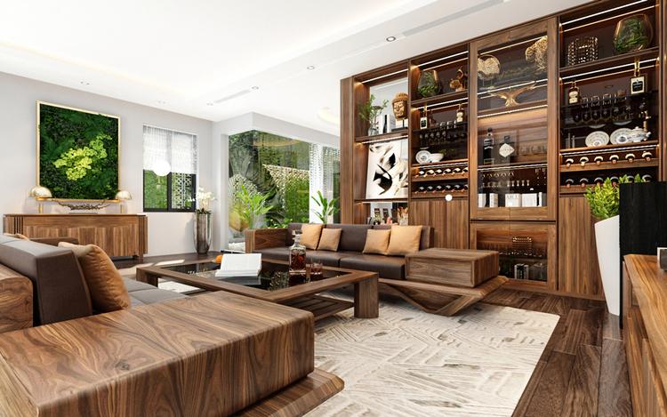 Vách ngăn gỗ phòng khách và bếp sang trọng