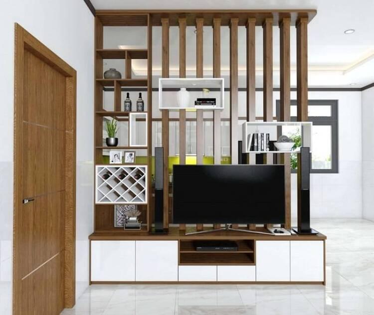 Mẫu vách gỗ trang trí phòng khách kết hợp kệ tủ, tivi hiện đại 