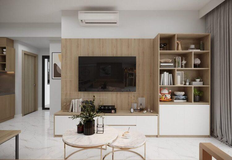 Mẫu vách ngăn trang trí phòng khách kết hợp tủ gỗ và tivi hiện đại, mới mẻ