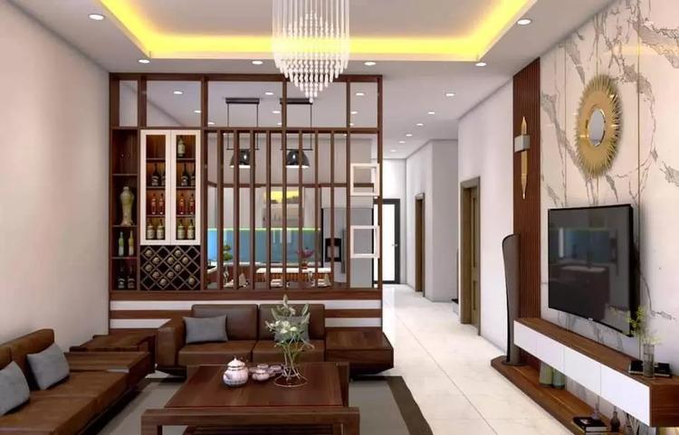Mẫu vách ngăn phòng khách và bếp bằng gỗ sang trọng, hiện đại
