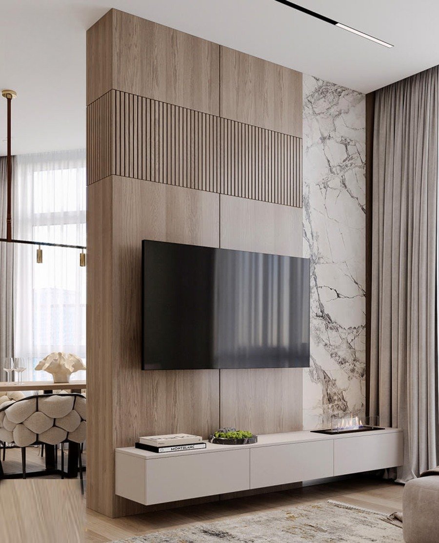 Vách ngăn gỗ phòng khách chung cư kết hợp kệ tivi tối ưu diện tích