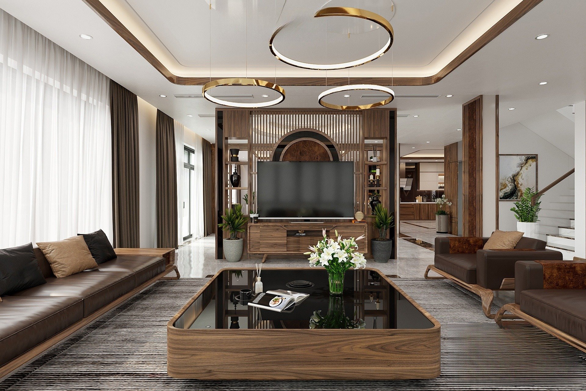 Vách ngăn gỗ phòng khách chung cư kết hợp với kệ tivi phong cách truyền thống