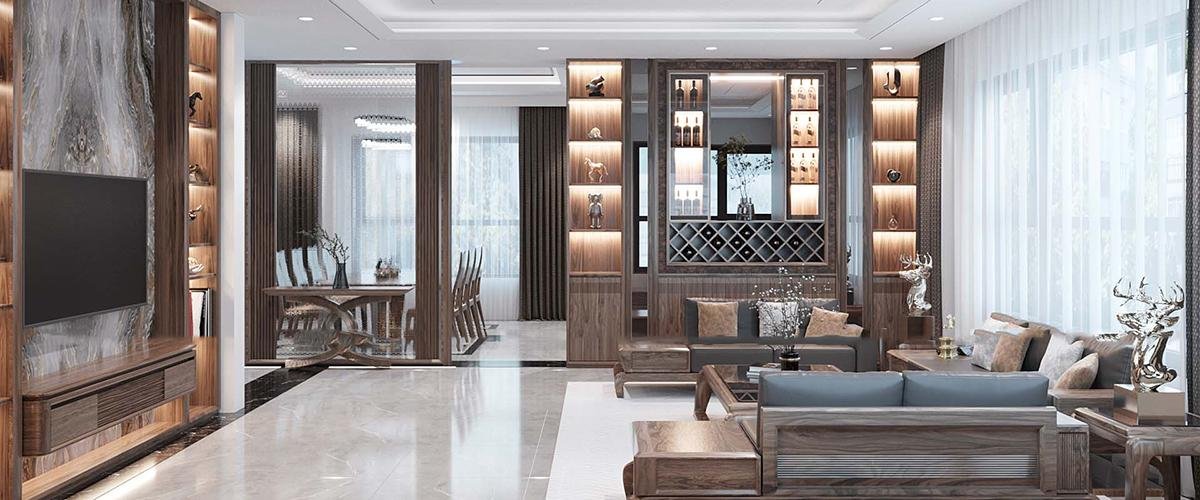 Mẫu vách ngăn phòng khách chung cư kết hợp kệ tủ đựng rượu và đồ lưu niệm