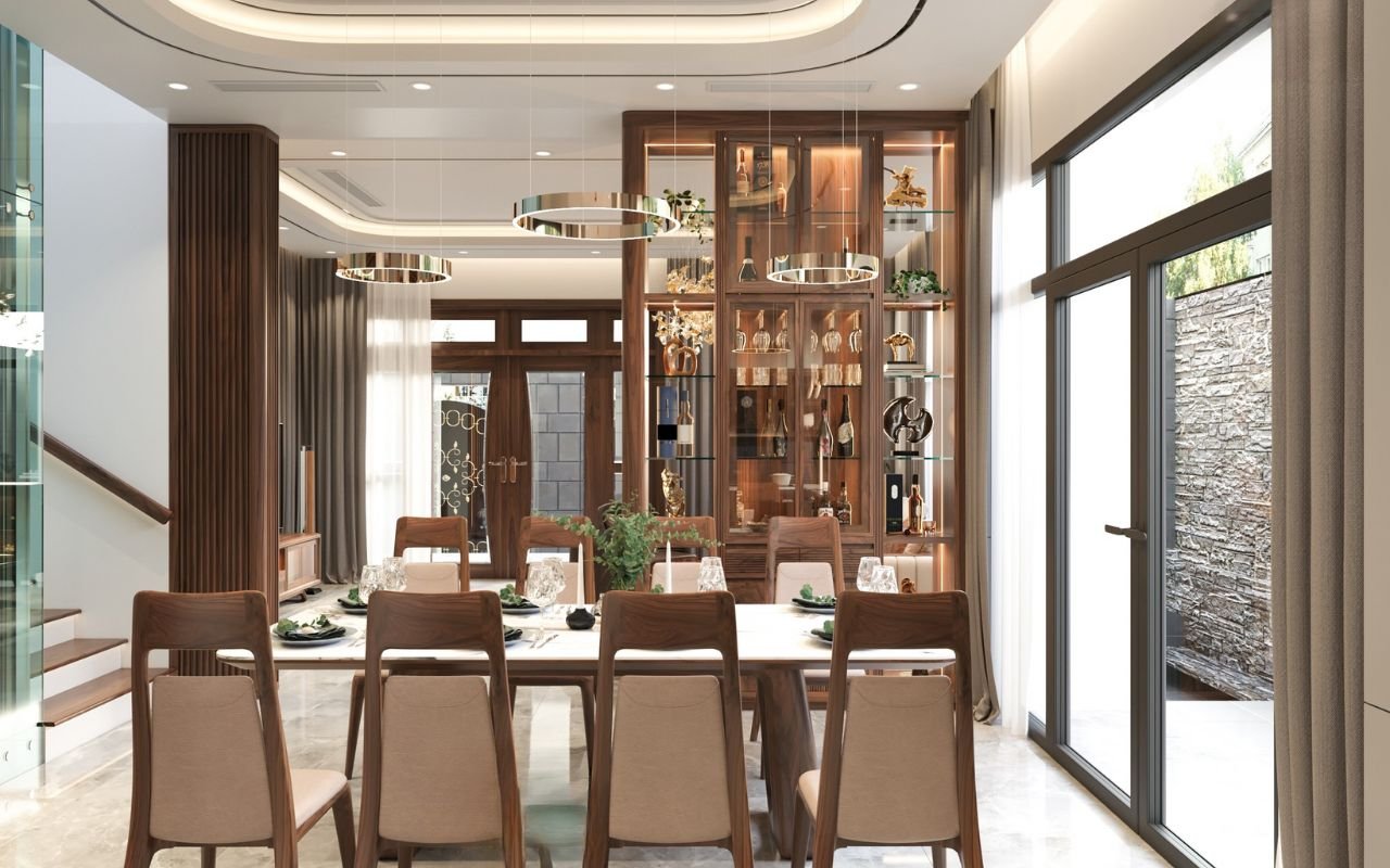 Mẫu vách ngăn phòng khách chung cư kết hợp kệ tủ gỗ