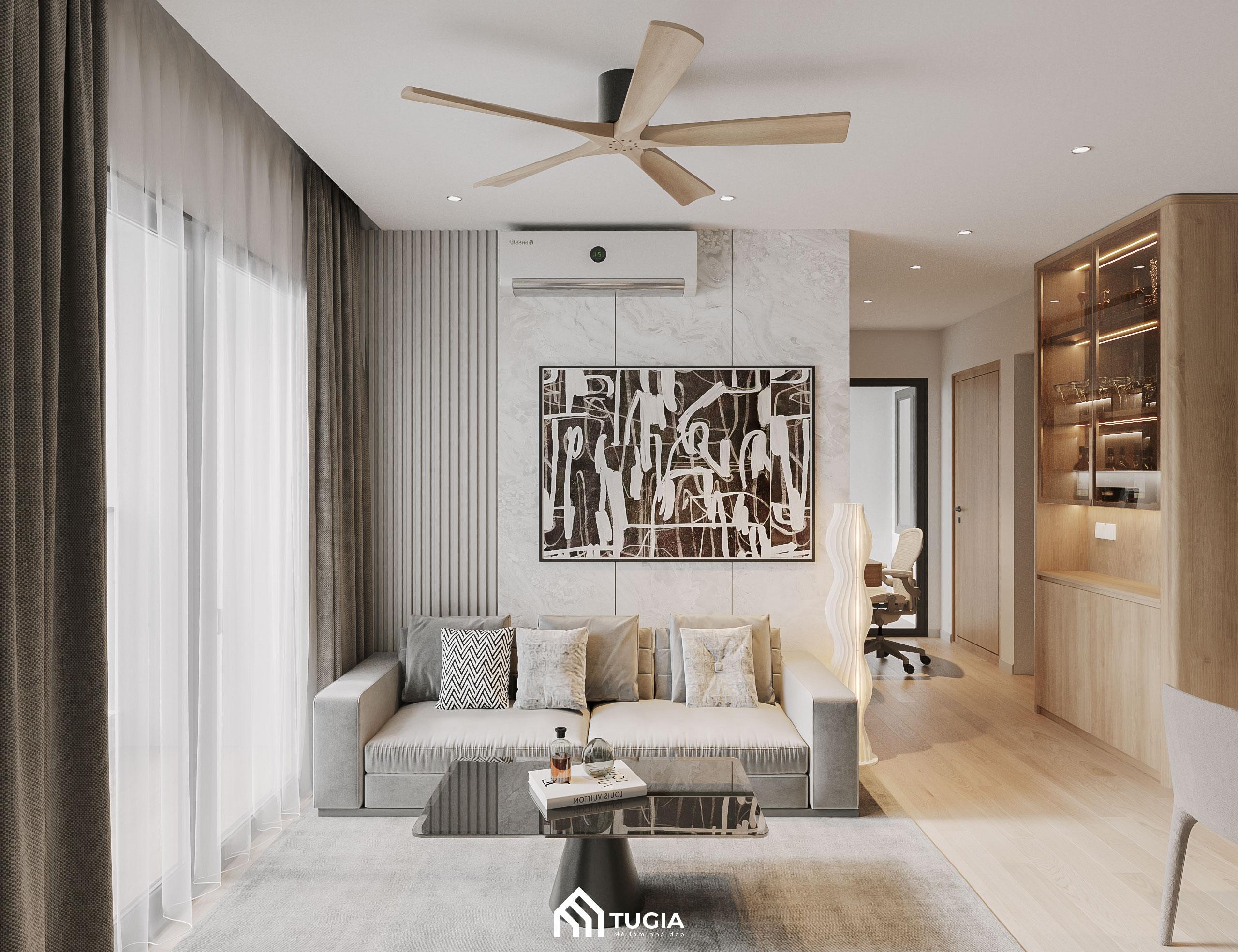 Vách ngăn phòng khách chung cư hiện đại với tone màu trắng, xám