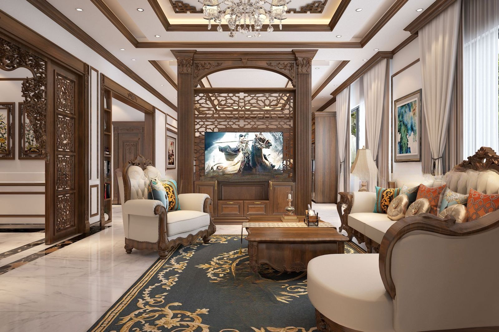 Vách ngăn phòng khách chung cư tân cổ điển