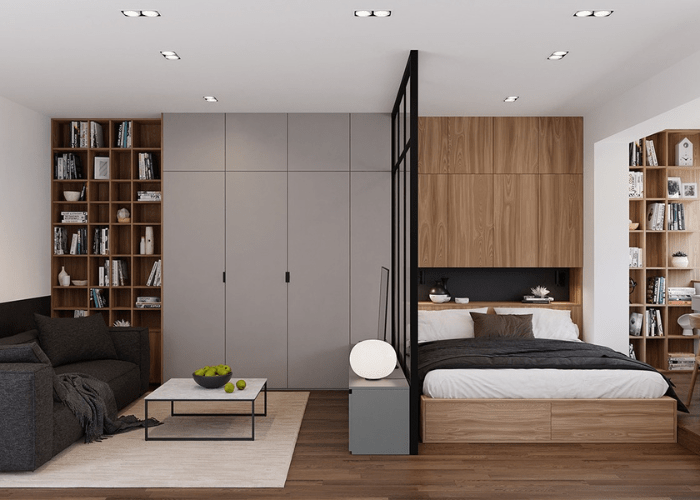 Vách ngăn phòng ngủ chung cư và phòng khách hiện đại