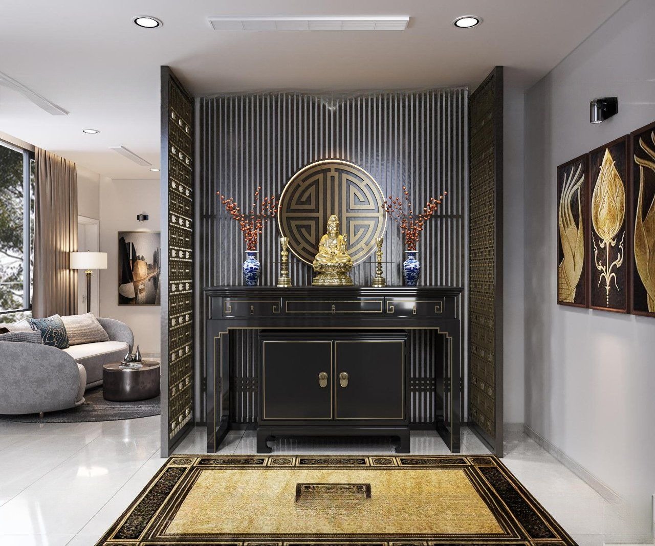 Vách ngăn phòng khách và phòng thờ chugn cư nhỏ, gọn, trang nghiêm