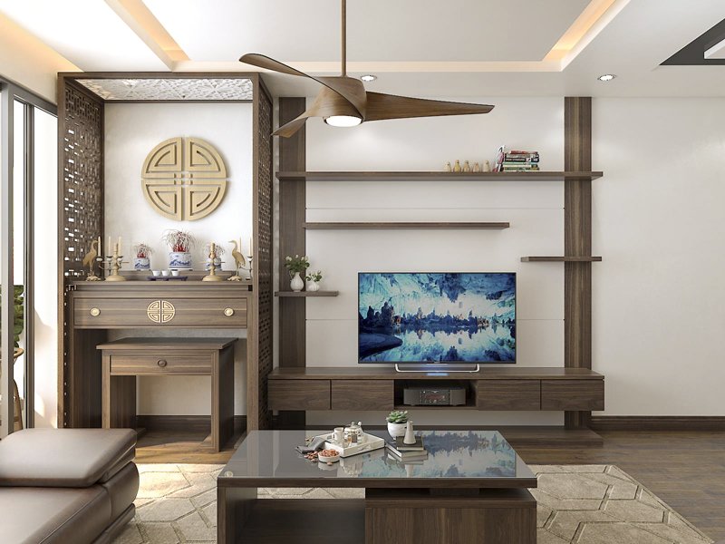 Vách ngăn phòng khách và phòng thờ chung cư phong cách hiện đại