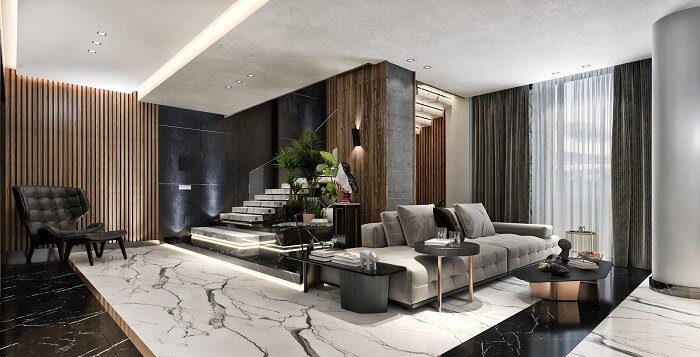 Vách ngăn di động phòng khách và cầu thang sang trọng, xa hoa