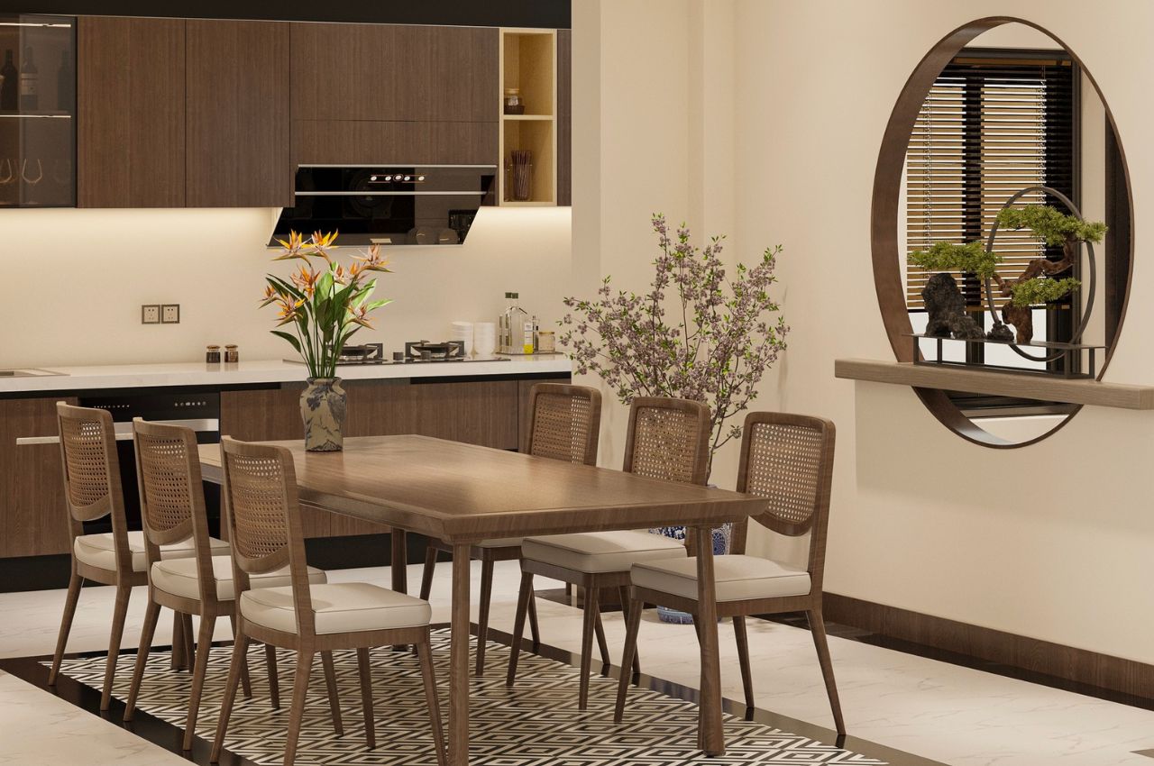 vách ngăn phòng khách và phòng bếp bằng bê tông