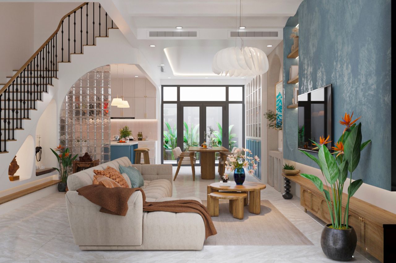 vách ngăn phòng khách và phòng bếp bằng kính độc đáo ấn tượng