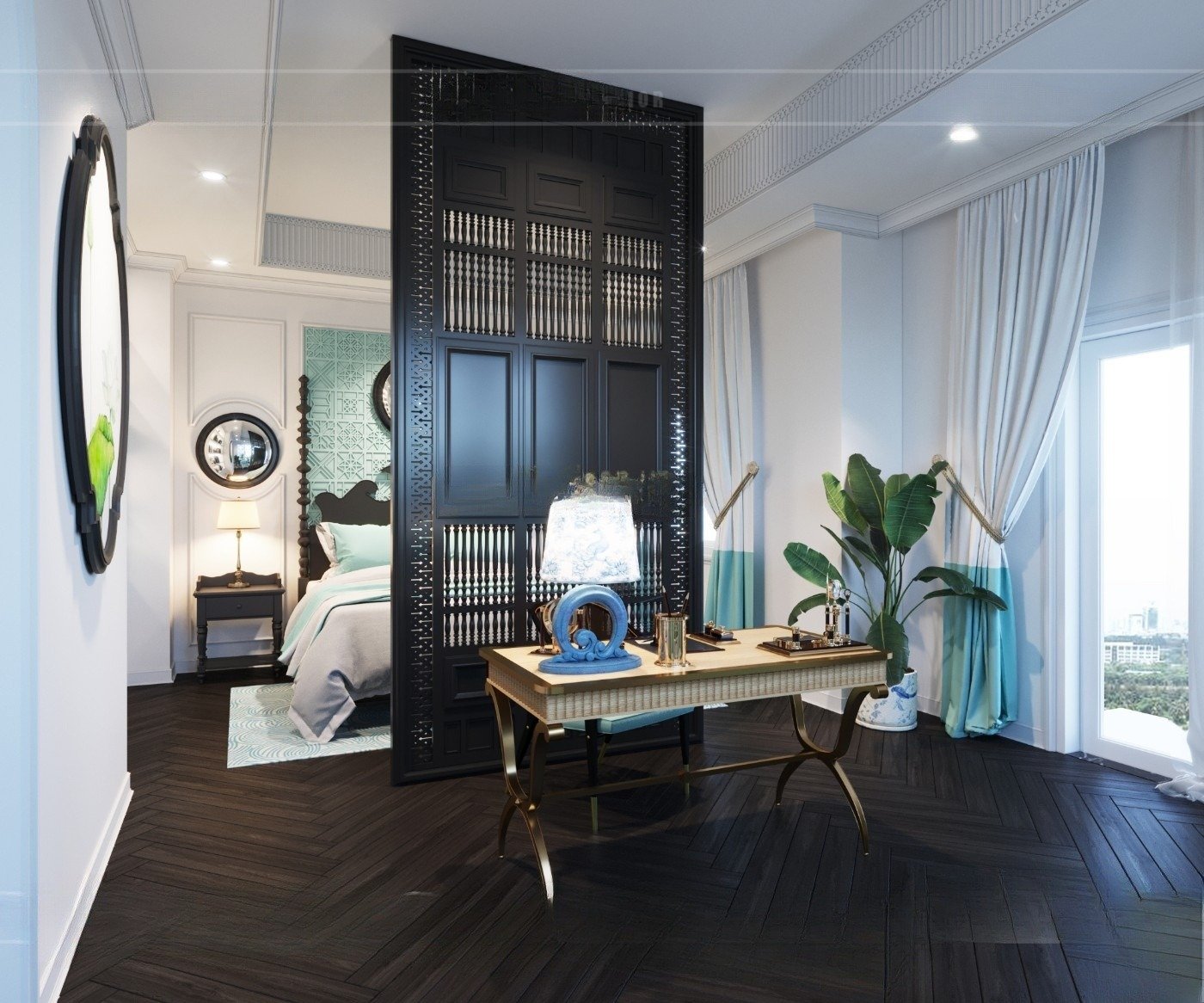 Vách ngăn phòng ngủ tân cổ điển bằng gỗ tạo nên không gian riêng tư, độc đáo