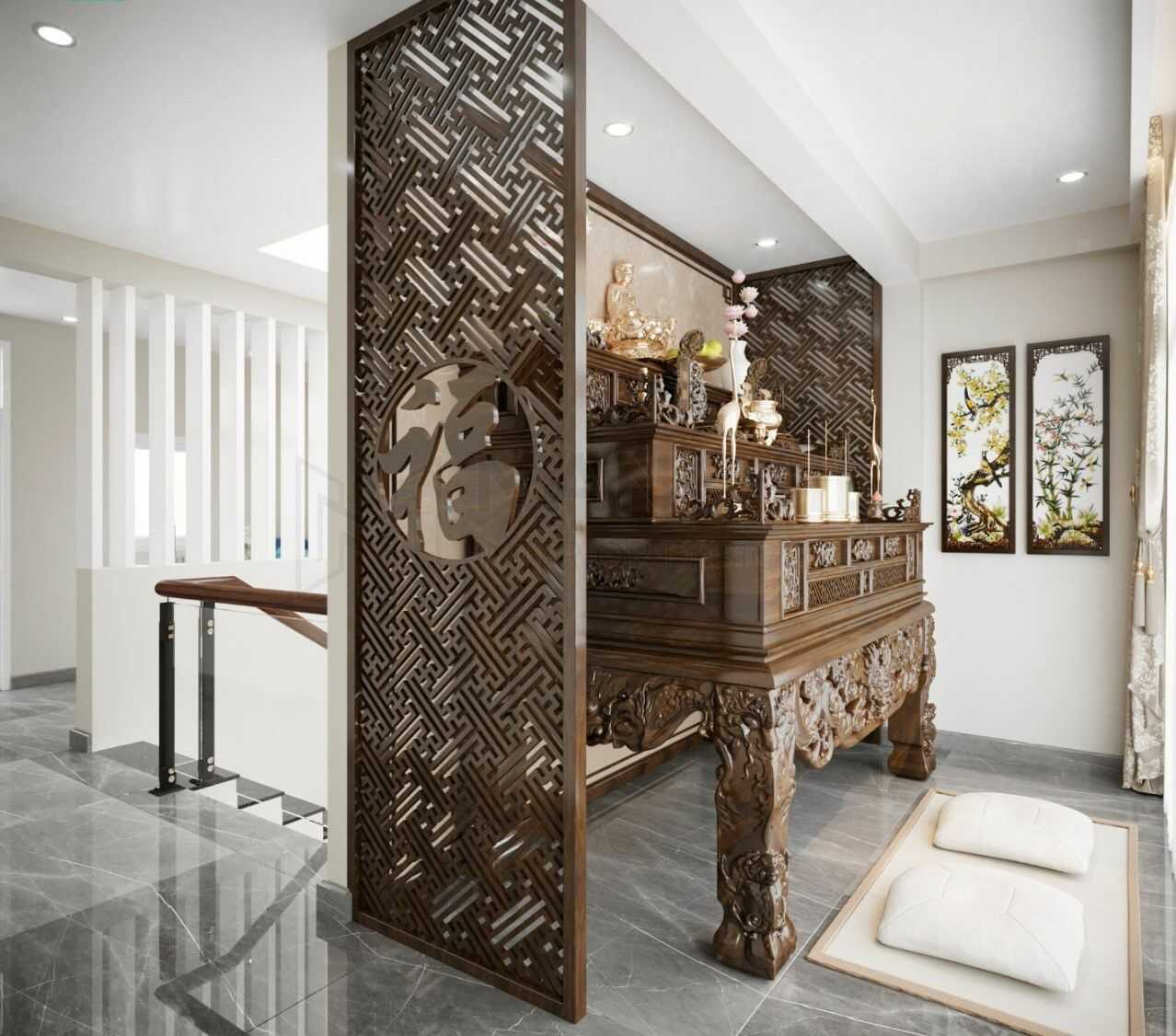 Mẫu bình phong gỗ thiết kế chữ và hoạ tiết tinh xảo