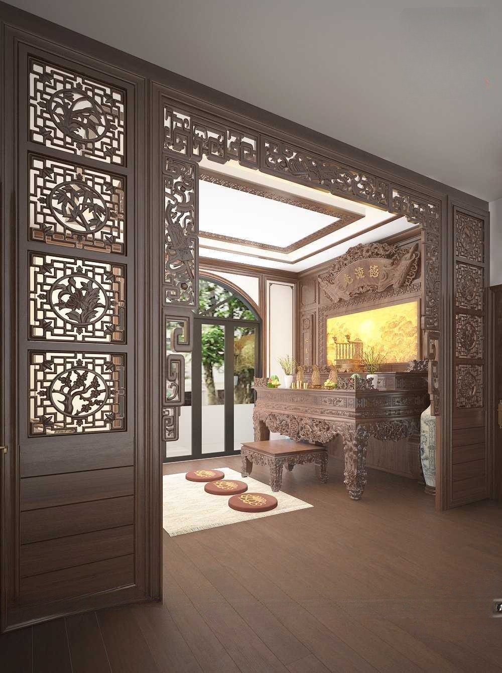 Mẫu vách CNC phòng khách ngăn phòng thờ gỗ tự nhiên bề thế, sang trọng