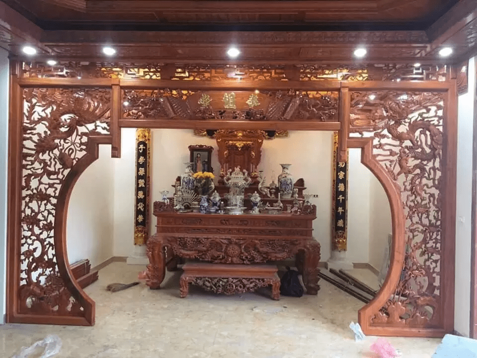 Mẫu vách ngăn CNC hình vòng cung trang trí phòng thờ đẹp ấn tượng